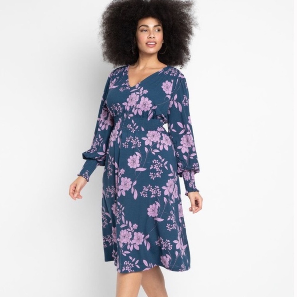 Eloquii Blue and Purple Floral V-Neck Midi Dress Women’s Plus Size 14